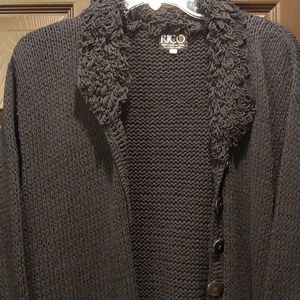 Black Sweater Hand Made knit loop fringe button-down cardigan, L